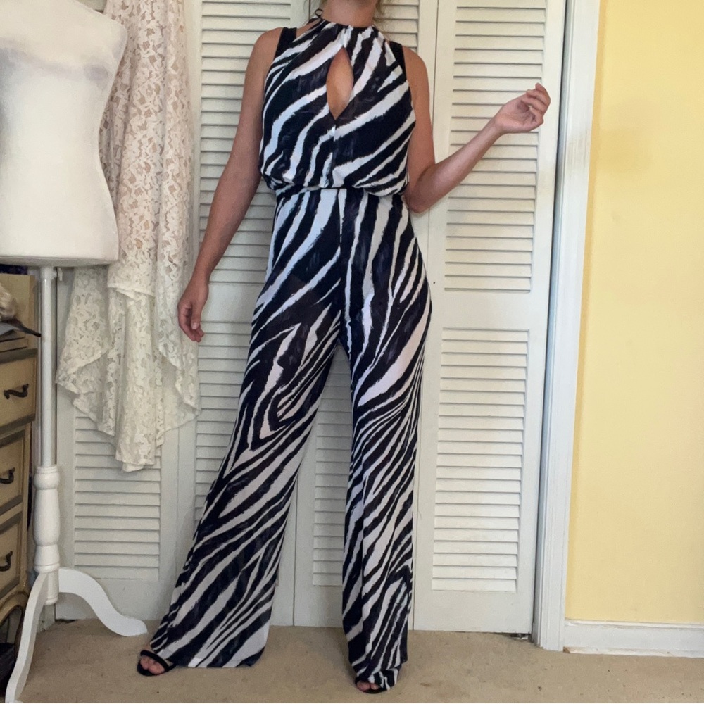 L’Agent Sexy Sheer Chiffon Zebra Bikini Cover Up Or Party Wide Leg Jumpsuit - M